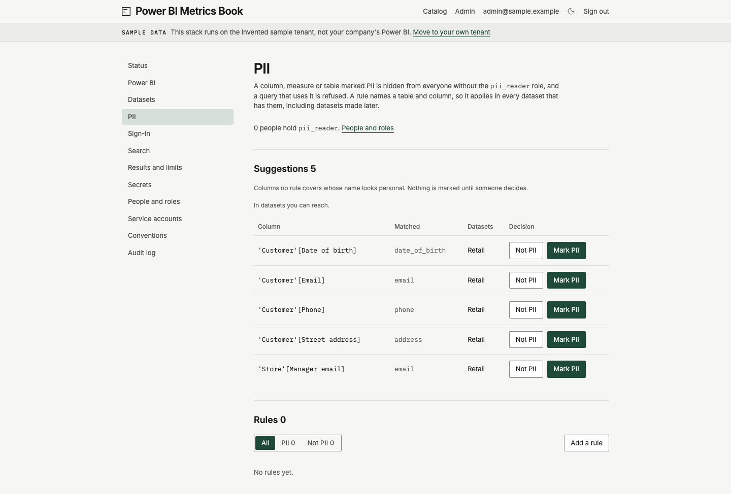 Admin PII, with suggestions limited to datasets you can reach and the rules section.